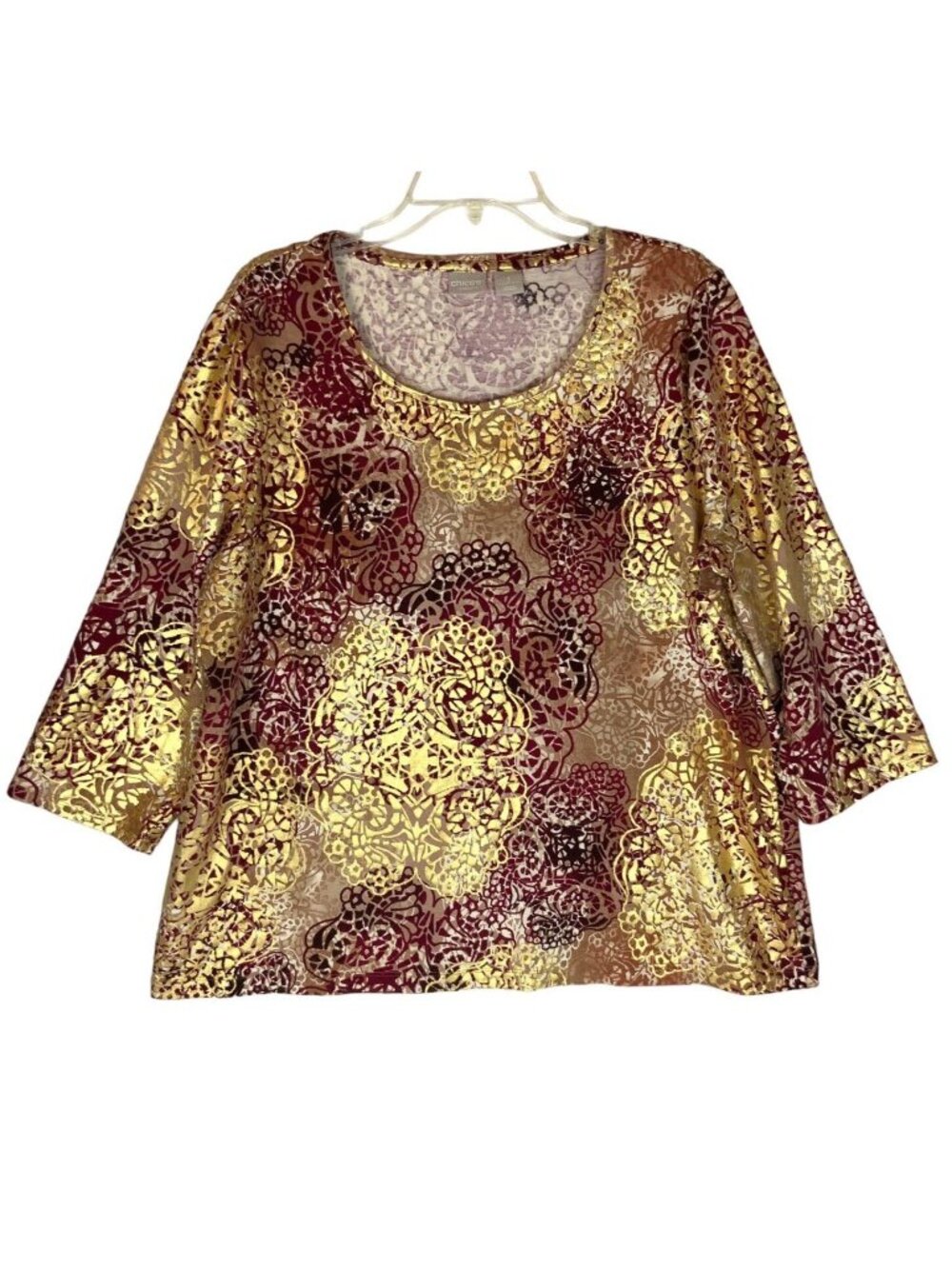Chicos Zenergy Womens Burgundy & Gold Shimmer 3/4 Sleeve Top Size 3 / XL